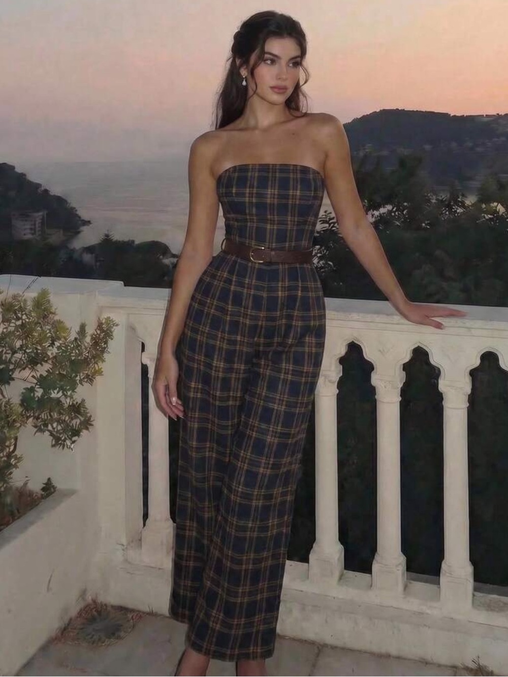 Skyraze Women's Plaid Print Belted Elegant Jumpsuit